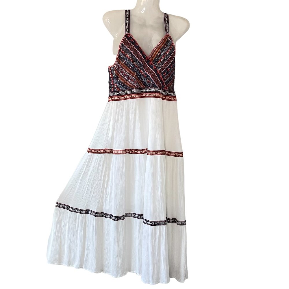 Angel Basic Tiered Sun Dress White Gauzy Skirt with Navy and Red Print Top